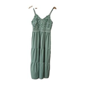 Dokuritu Women's Crochet Lace Smocked Maxi Dress Sz Medium Green Tiered Boho